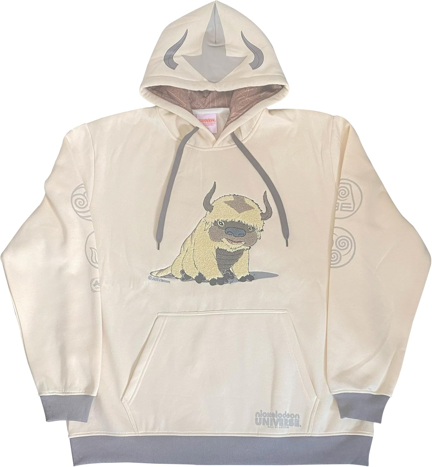 Avatar: The Last Airbender Appa Chenille Hoodie – “Yip Yip!” Back, Four Nations Sleeve Icons, Unisex Sweatshirt (Size Small) Tan