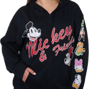 Disney Mickey Mouse Women's Zip Hoodie w\/Pockets, Black Fleece Sweatshirt, Daisy, Goofy, Donald, Pluto, Regular & Plus Size