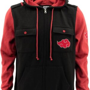 Ripple Junction Naruto Shippuden Men's Authentic Full Zip Hooded Sweatshirt w\/Chest Pockets Black Red Officially Licensed