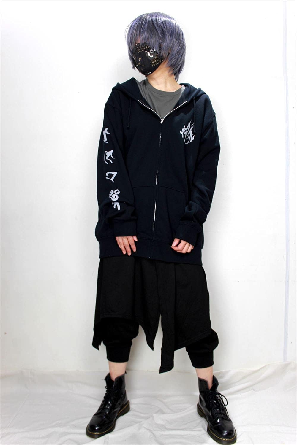 Roseate Kitsune Mask Fox Print Hoodie Zip Up Men Women Japanese Black Gothic Yami Kawaii Inari Sanskrit Characters - Image 4