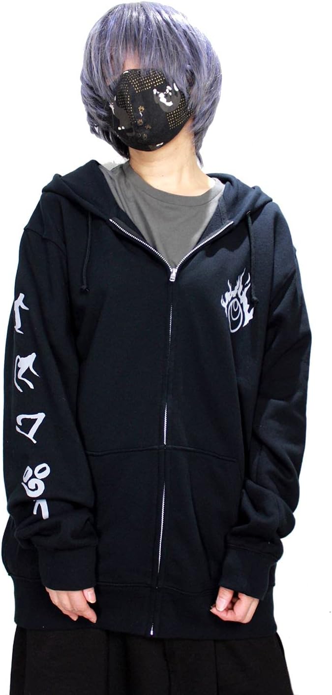 Roseate Kitsune Mask Fox Print Hoodie Zip Up Men Women Japanese Black Gothic Yami Kawaii Inari Sanskrit Characters