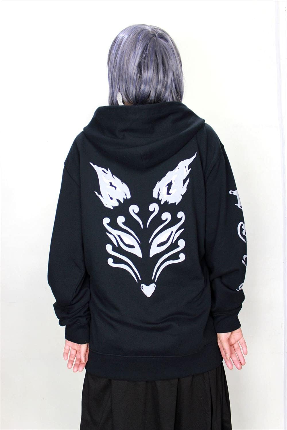Roseate Kitsune Mask Fox Print Hoodie Zip Up Men Women Japanese Black Gothic Yami Kawaii Inari Sanskrit Characters - Image 5