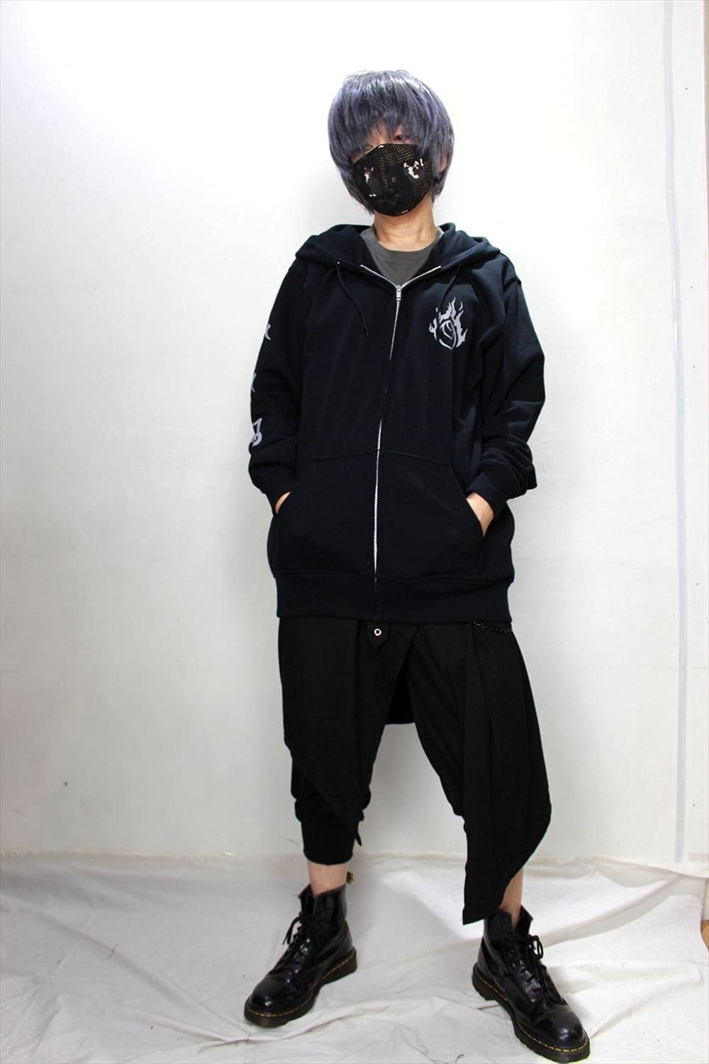 Roseate Kitsune Mask Fox Print Hoodie Zip Up Men Women Japanese Black Gothic Yami Kawaii Inari Sanskrit Characters - Image 7