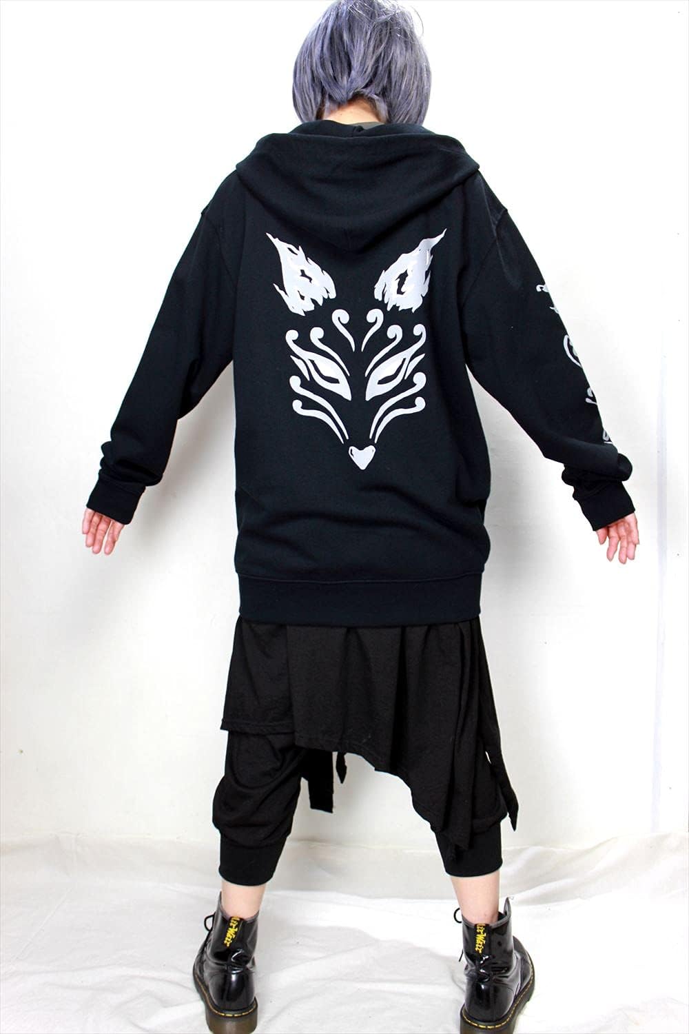 Roseate Kitsune Mask Fox Print Hoodie Zip Up Men Women Japanese Black Gothic Yami Kawaii Inari Sanskrit Characters - Image 2
