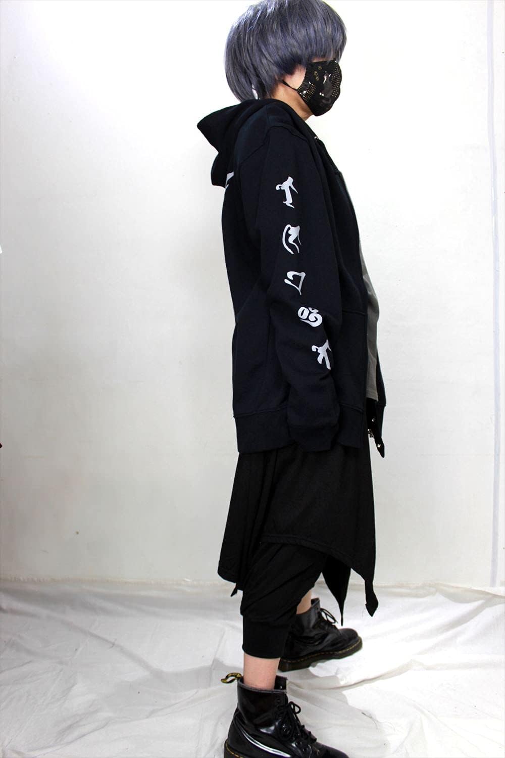 Roseate Kitsune Mask Fox Print Hoodie Zip Up Men Women Japanese Black Gothic Yami Kawaii Inari Sanskrit Characters - Image 3