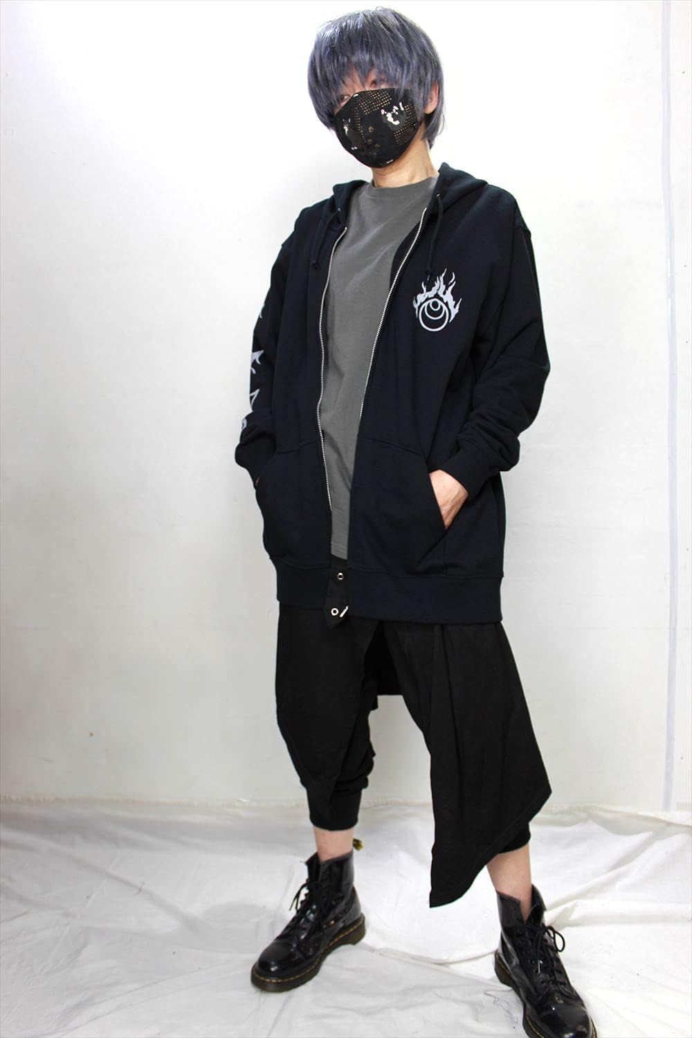 Roseate Kitsune Mask Fox Print Hoodie Zip Up Men Women Japanese Black Gothic Yami Kawaii Inari Sanskrit Characters - Image 6